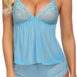 Vixense Polyester Spandex & Lace Floral Lingerie for Women Lace Babydoll Sleepwear Chemise V Neck Mesh Sleepwear Sling Dress Sexy Babydoll Lingerie Honeymoon